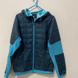 Nike Black and Teal Quilted Hooded Jacket with Contrast Panels